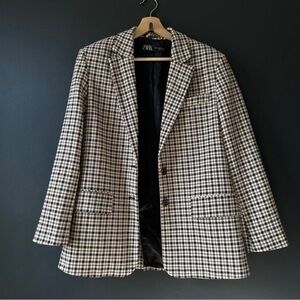 ZARA Houndstooth Oversized Blazer Cream Brown Black Size XS